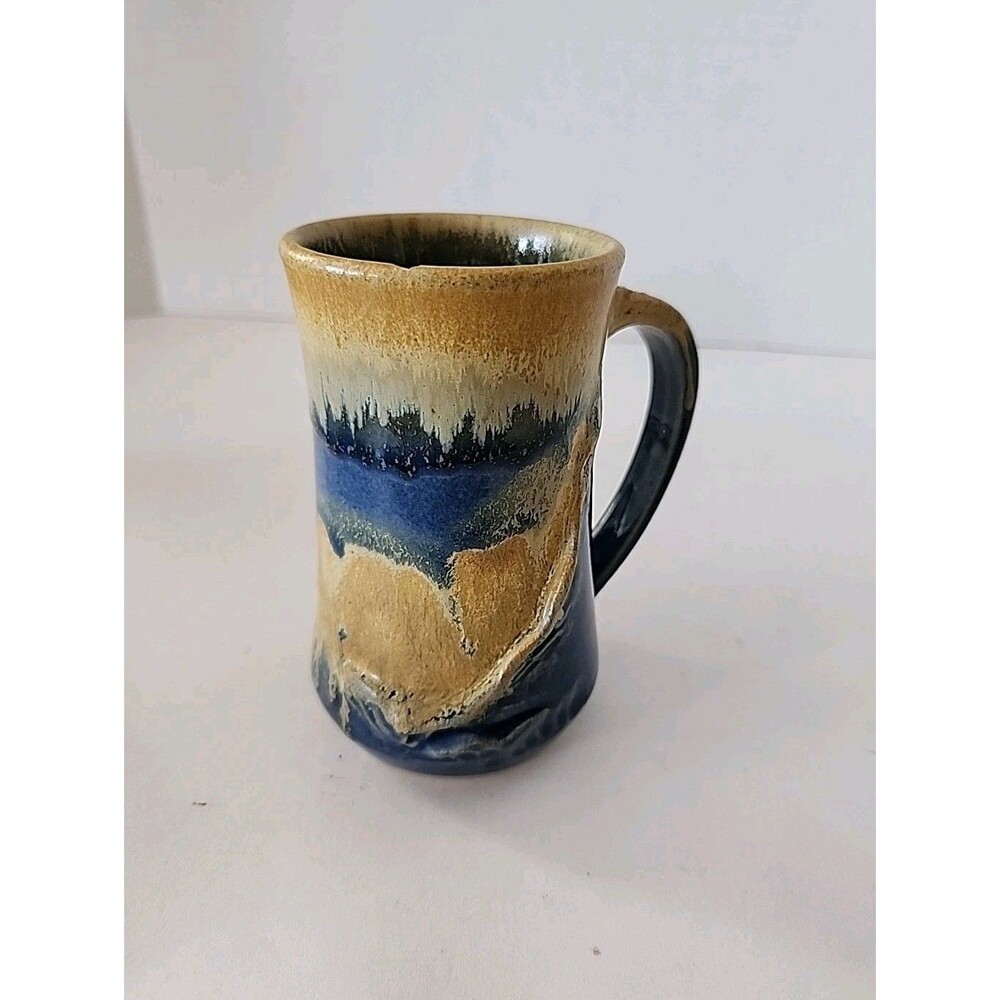 Vintage Handcrafted Pottery Mug With Blue Drip Glaze Signed SMALL CHIP SEE